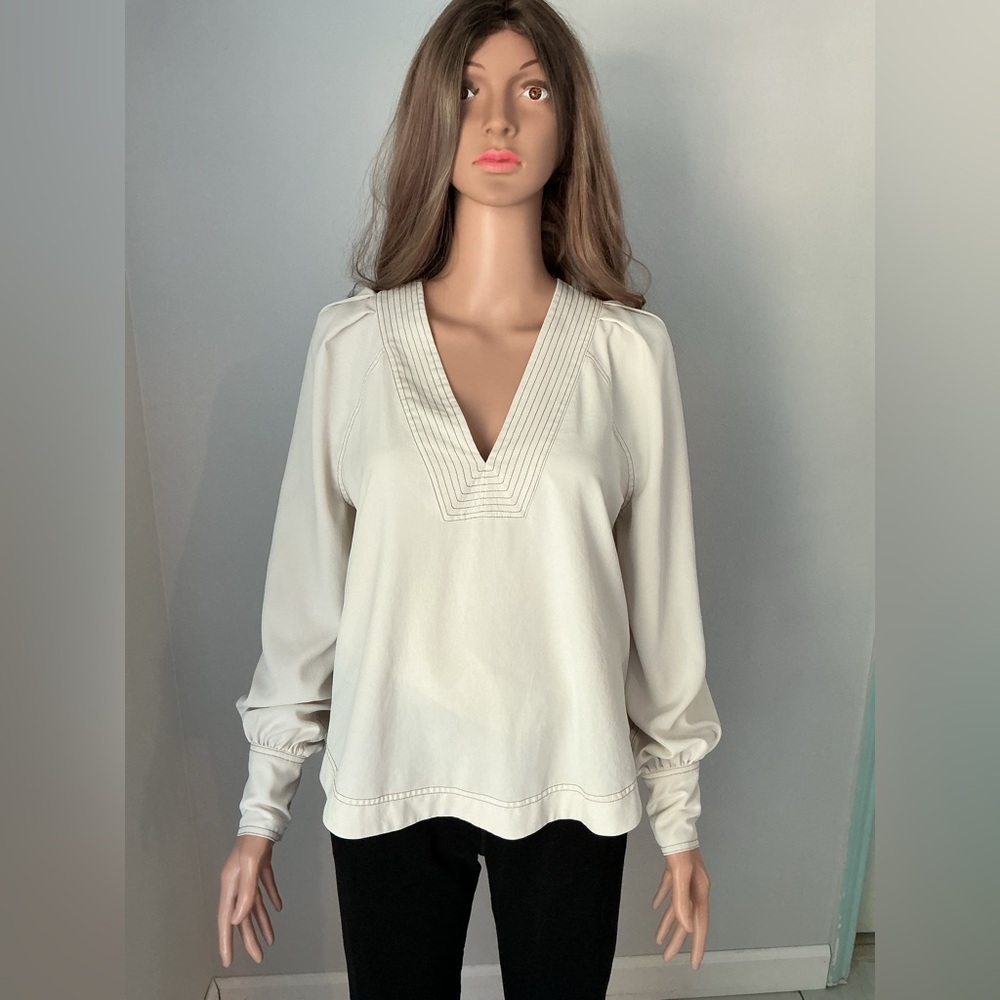 Veronica Beard Cream V-Neck Blouse